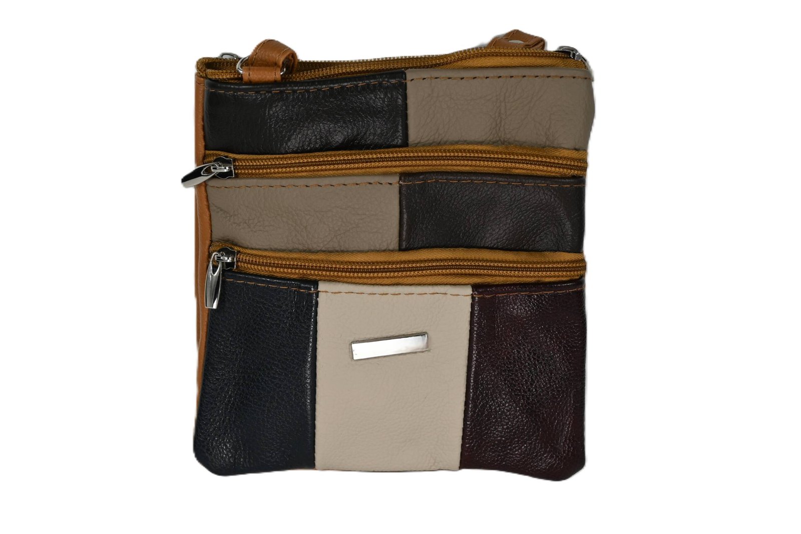 6673 | Premium Slim Cowhide Patchwork Multi-Zipper Shoulder Bag
